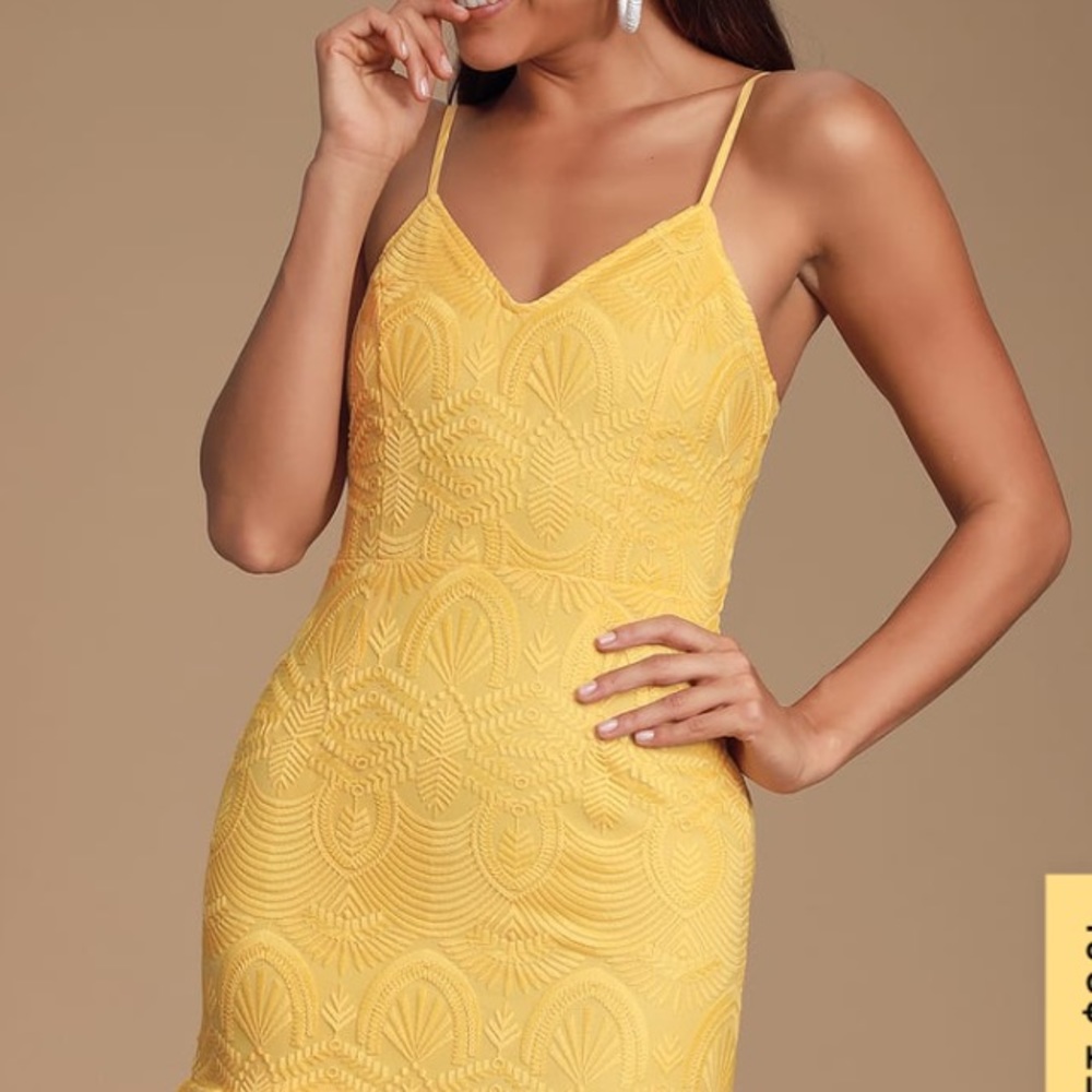 For sale ! Lulus Yellow Embroidered Spaghetti Strap Lace Knee Length Dress